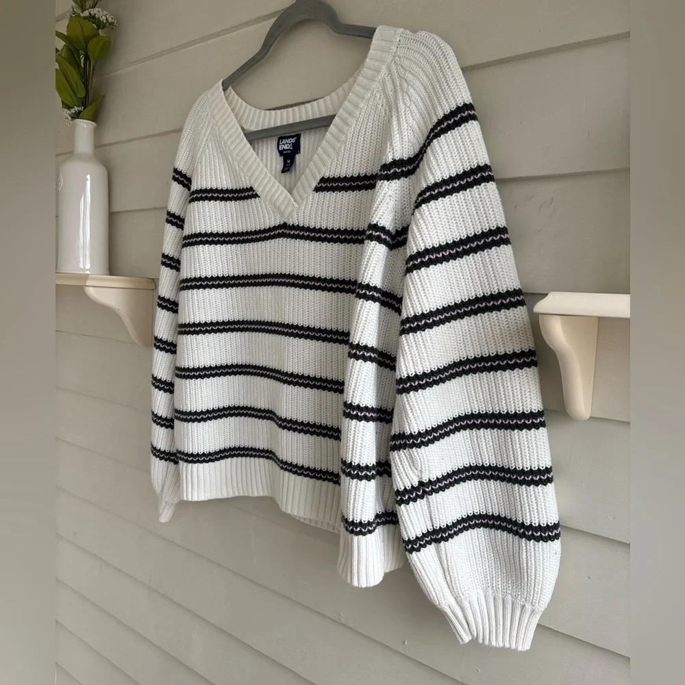 Lands' End Drifter V-Neck Striped Sweater Women’s Size Medium - Picture 9 of 11